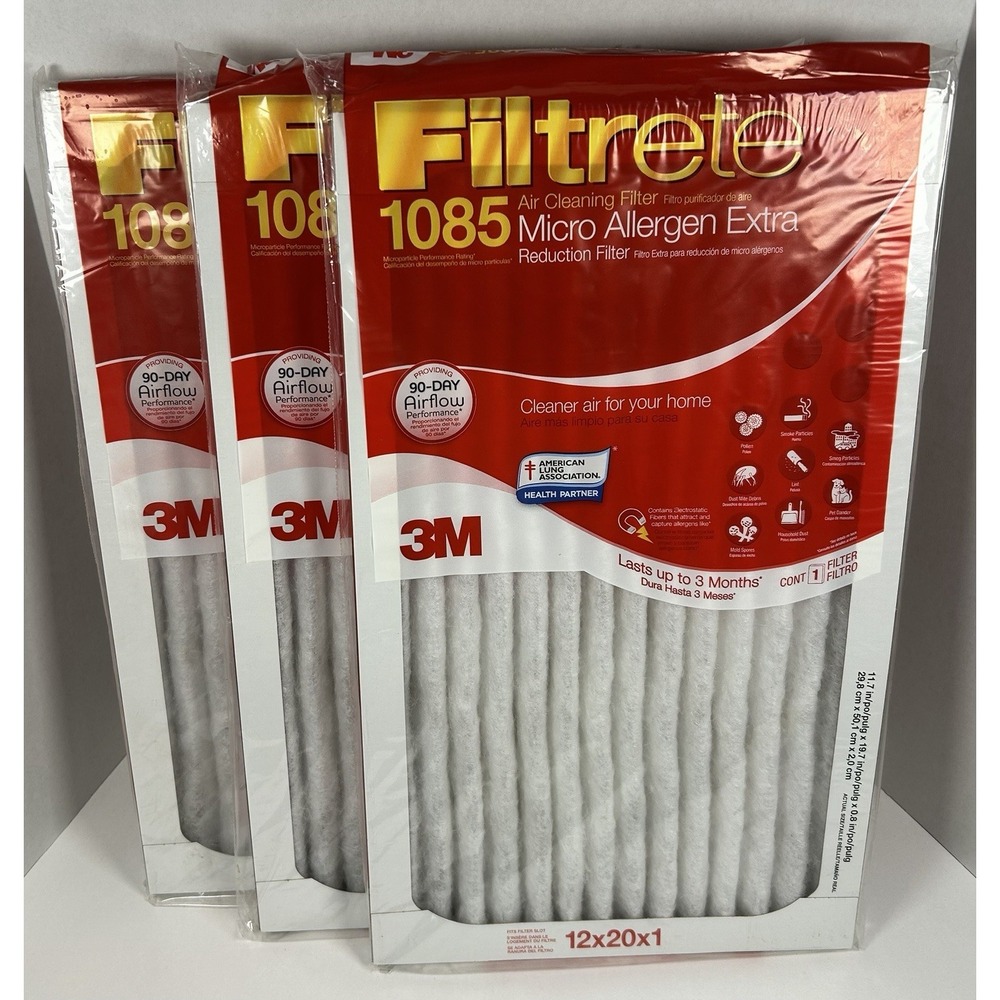 Lot of 3 3M Filtrete 1085 12x20x1 Allergen Defense Furnace Filters